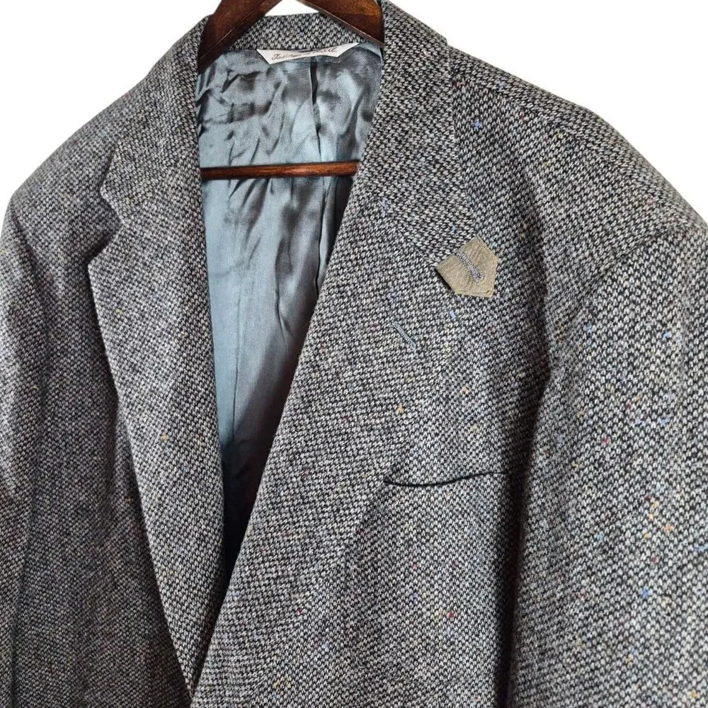 Vtg Donegal Wool Tweed Blazer 48L Suede Elbow Patch Fleck USA Old Money Stafford